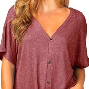 𝅺med-iwollence | Women's Waffle Knit Tunic Blouse Tie Knot | Short Sleeve